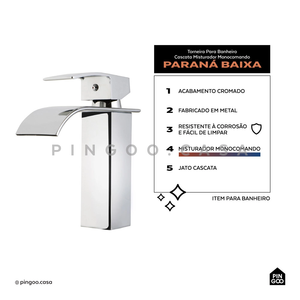 Kit Cuba de Apoio para Banheiro e Torneira Misturador Monocomando Baixa Paraná Pingoo.casa - Branco e Prata Kit Cuba de Apoio para Banheiro e Torneira Misturador Monocomando Baixa Paraná Pingoo.casa - Branco e Prata