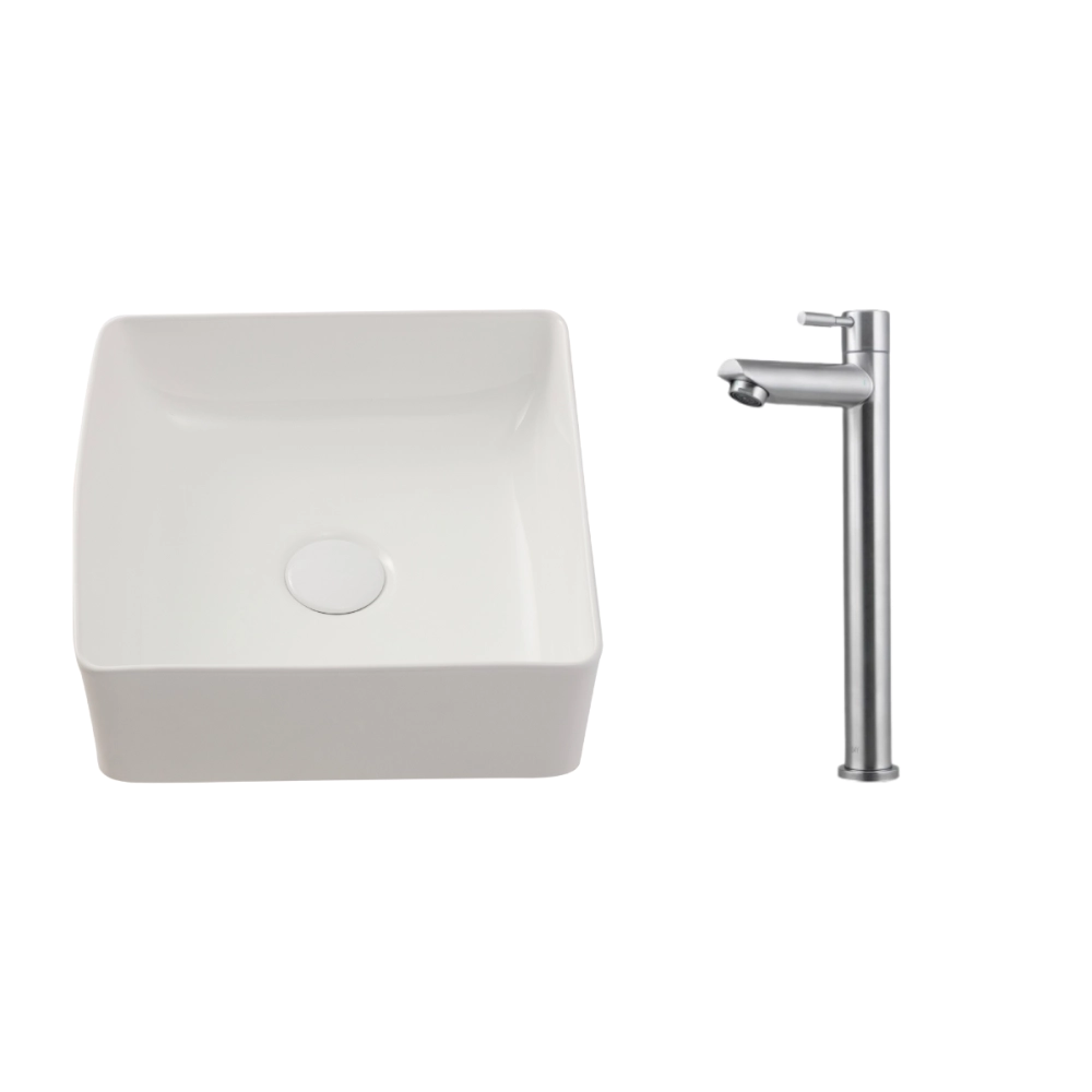 Kit Cuba de Apoio Slim Crisoprásio e Torneira Alta para Banheiro em Aço Amazonas Pingoo.casa - Branco e Prata Kit Cuba de Apoio Slim Crisoprásio e Torneira Alta para Banheiro em Aço Amazonas Pingoo.casa - Branco e Prata