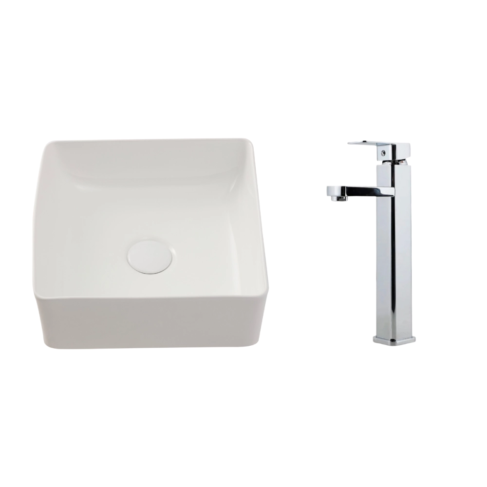 Kit Cuba de Apoio Slim Crisoprásio e Torneira Misturador Monocomando Alta Madeira Pingoo.casa - Branco e Prata