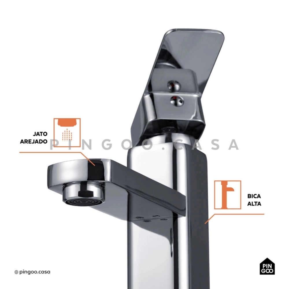 Kit Cuba de Apoio Slim Crisoprásio e Torneira Misturador Monocomando Alta Madeira Pingoo.casa - Branco e Prata