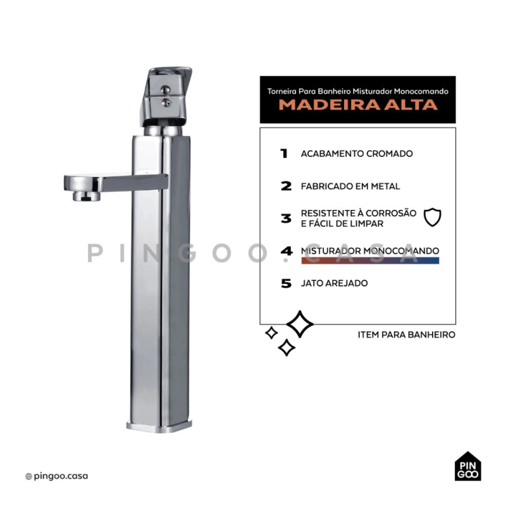 Kit Cuba de Apoio Slim Crisoprásio e Torneira Misturador Monocomando Alta Madeira Pingoo.casa - Branco e Prata