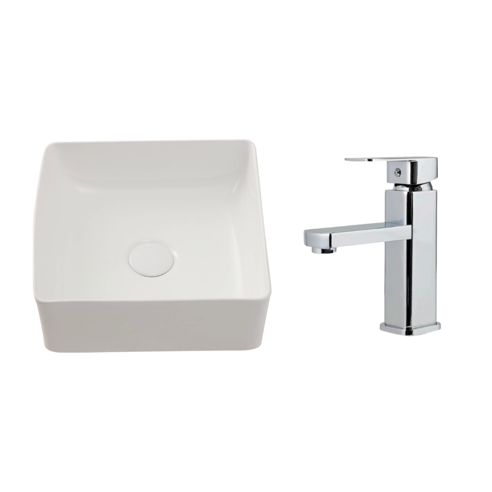 Kit Cuba de Apoio Slim Crisoprásio e Torneira Misturador Monocomando Baixa Madeira Pingoo.casa - Branco e Prata Kit Cuba de Apoio Slim Crisoprásio e Torneira Misturador Monocomando Baixa Madeira Pingoo.casa - Branco e Prata