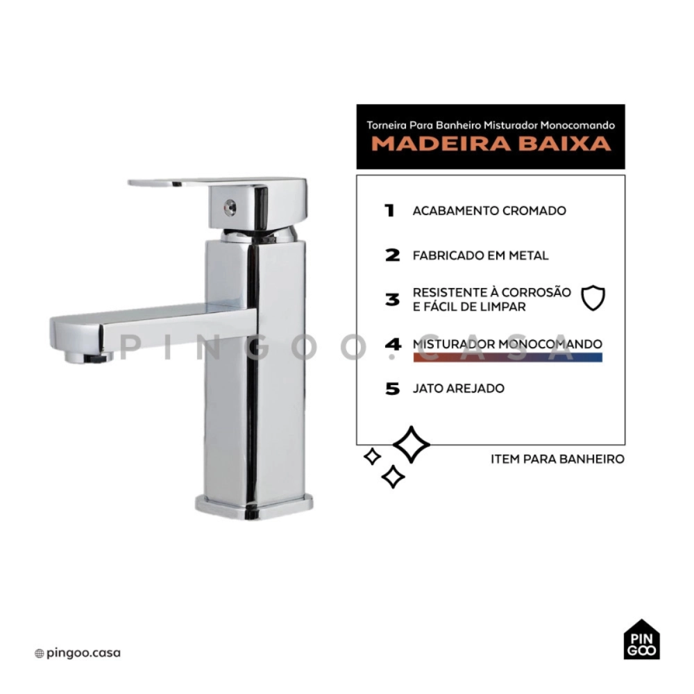 Kit Cuba de Apoio Slim Crisoprásio e Torneira Misturador Monocomando Baixa Madeira Pingoo.casa - Branco e Prata Kit Cuba de Apoio Slim Crisoprásio e Torneira Misturador Monocomando Baixa Madeira Pingoo.casa - Branco e Prata