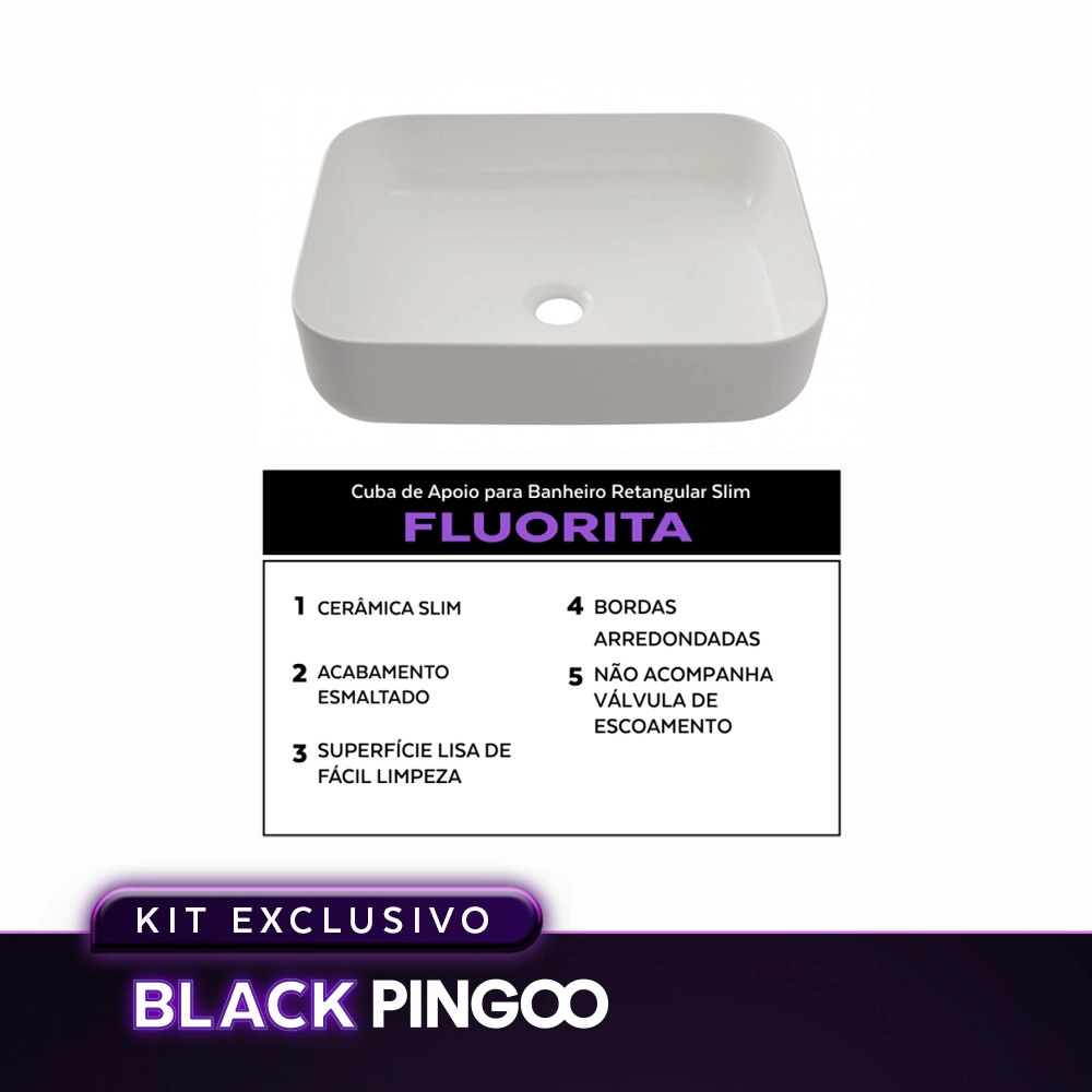 Kit Cuba de Apoio Slim Fluorita com Válvula de Escoamento e Torneira Alta Monocomando Madeira Pingoo.casa - Branco e Preto