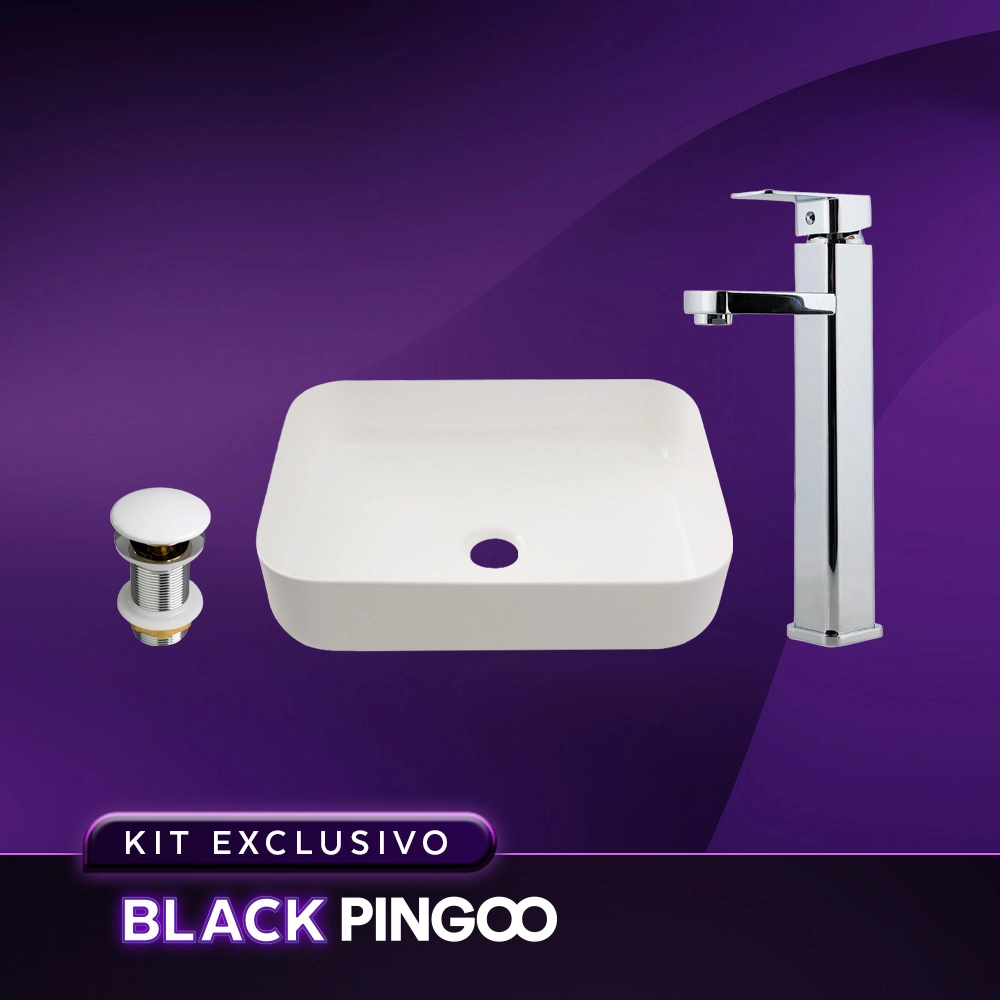 Kit Cuba de Apoio Slim Fluorita com Válvula de Escoamento Para Cuba e Torneira Alta Monocomando Pingoo.casa - Branco e Prata Kit Cuba de Apoio Slim Fluorita com Válvula de Escoamento Para Cuba e Torneira Alta Monocomando Pingoo.casa - Branco e Prata