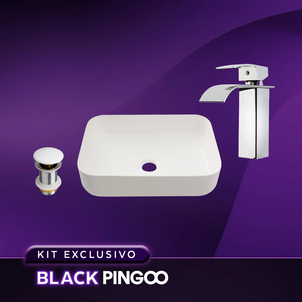 Kit Cuba de Apoio Slim Fluorita com Válvula de Escoamento Para Cuba e Torneira Monocomando Baixa Paraná Pingoo.casa - Branco e Prata