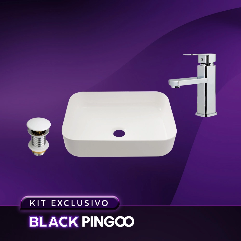 Kit Cuba de Apoio Slim Fluorita com Válvula de Escoamento Para Cuba e Torneira Monocomando Pingoo.casa - Branco e Prata