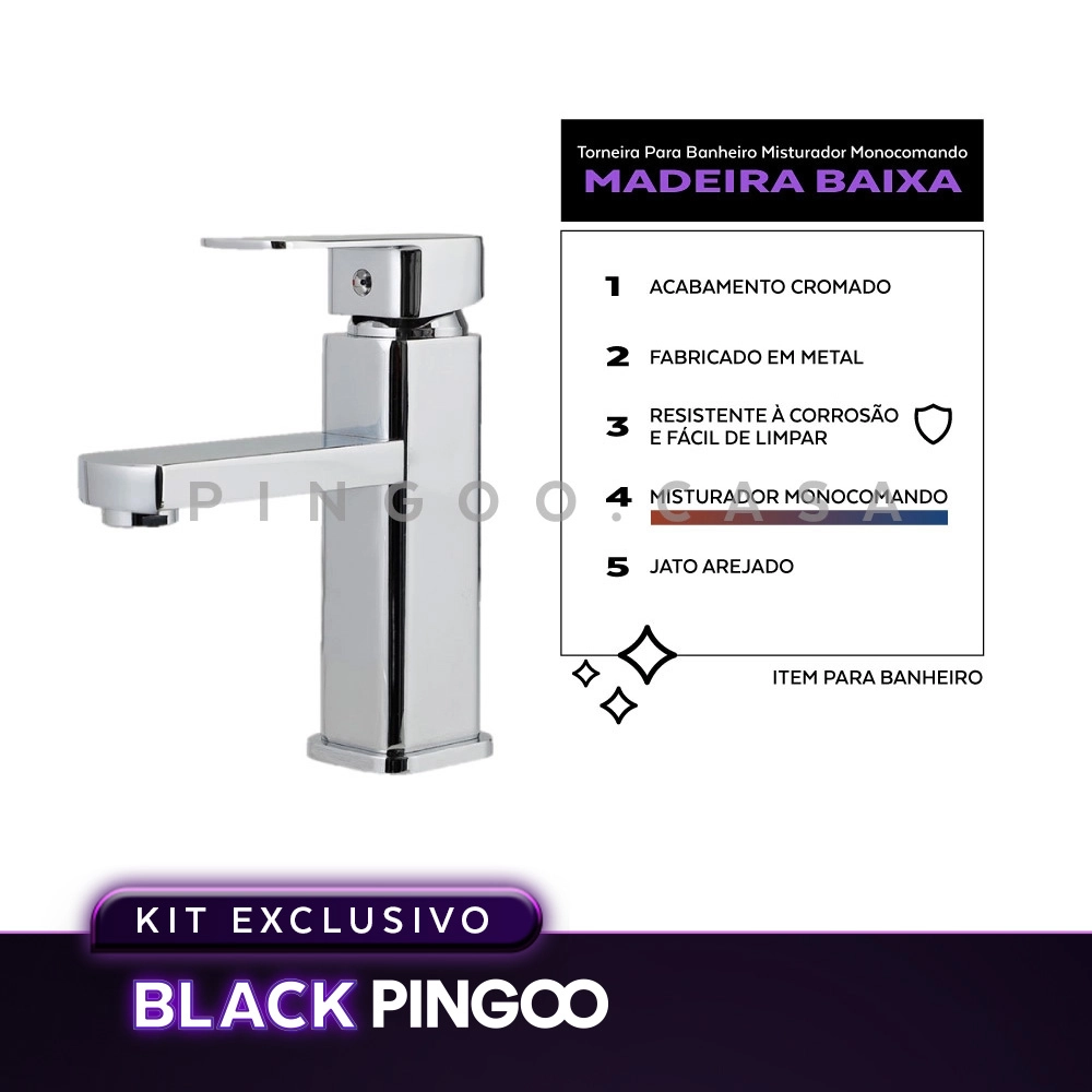 Kit Cuba de Apoio Slim Fluorita com Válvula de Escoamento Para Cuba e Torneira Monocomando Pingoo.casa - Branco e Prata