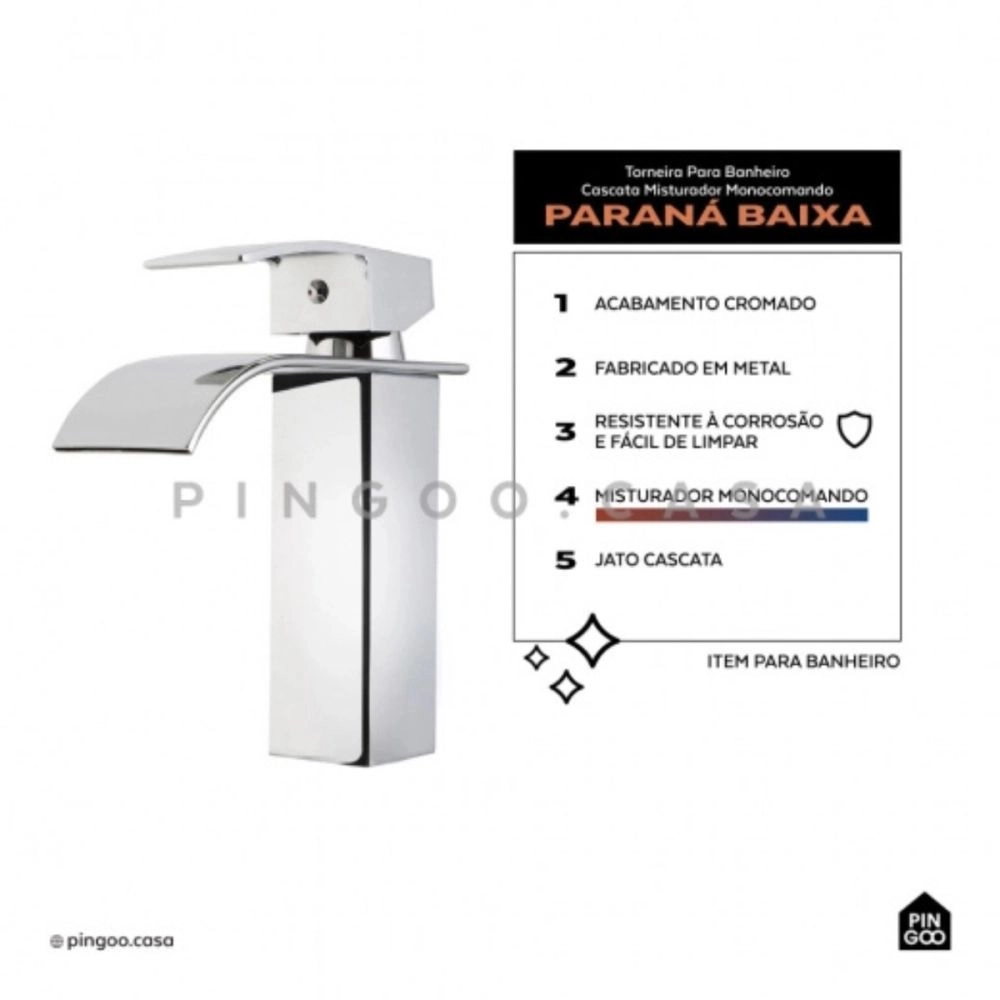 Kit Cuba de Apoio Slim Retangular com Válvula de Escoamento e Torneira Monocomando Baixa Paraná Pingoo.casa - Branco e Prata