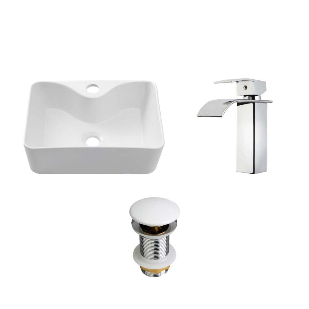 Kit Cuba de Apoio Slim Retangular com Válvula de Escoamento e Torneira Monocomando Baixa Paraná Pingoo.casa - Branco e Prata