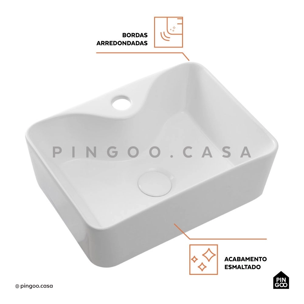 Kit Cuba de Apoio Slim Retangular com Válvula de Escoamento e Torneira para Banheiro Baixa Amazonas Pingoo.casa - Branco e Prata Kit Cuba de Apoio Slim Retangular com Válvula de Escoamento e Torneira para Banheiro Baixa Amazonas Pingoo.casa - Branco e Prata