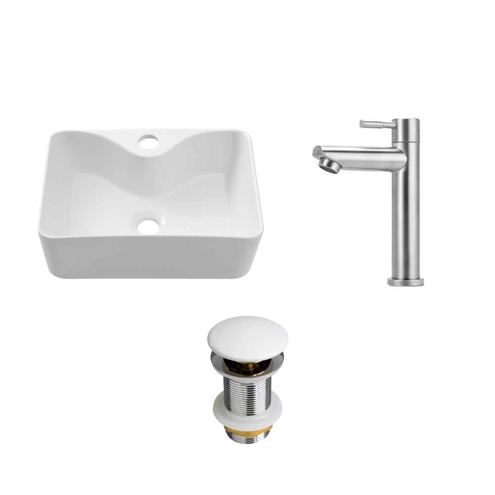 Kit Cuba de Apoio Slim Retangular com Válvula de Escoamento e Torneira para Banheiro Baixa Amazonas Pingoo.casa - Branco e Prata Kit Cuba de Apoio Slim Retangular com Válvula de Escoamento e Torneira para Banheiro Baixa Amazonas Pingoo.casa - Branco e Prata