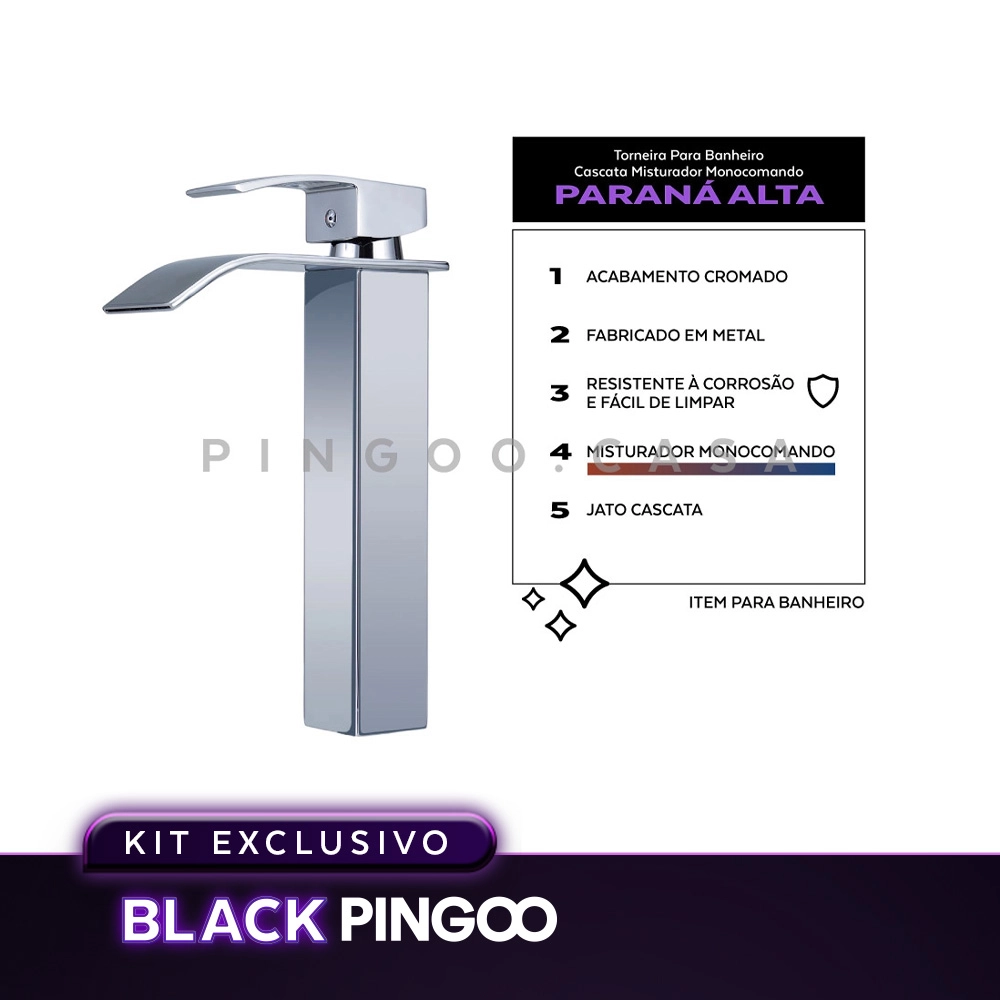 Kit Cuba de Apoio Slim Retangular com Válvula de Escoamento e Torneira Monocomando Alta Paraná Pingoo.casa - Branco e Prata