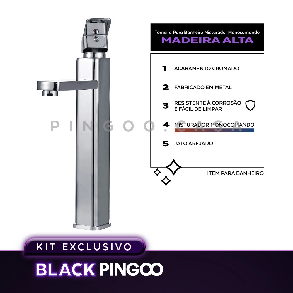 Kit Cuba de Apoio Slim Retangular com Válvula de Escoamento e Torneira Monocomando Alta Pingoo.casa - Branco e Prata