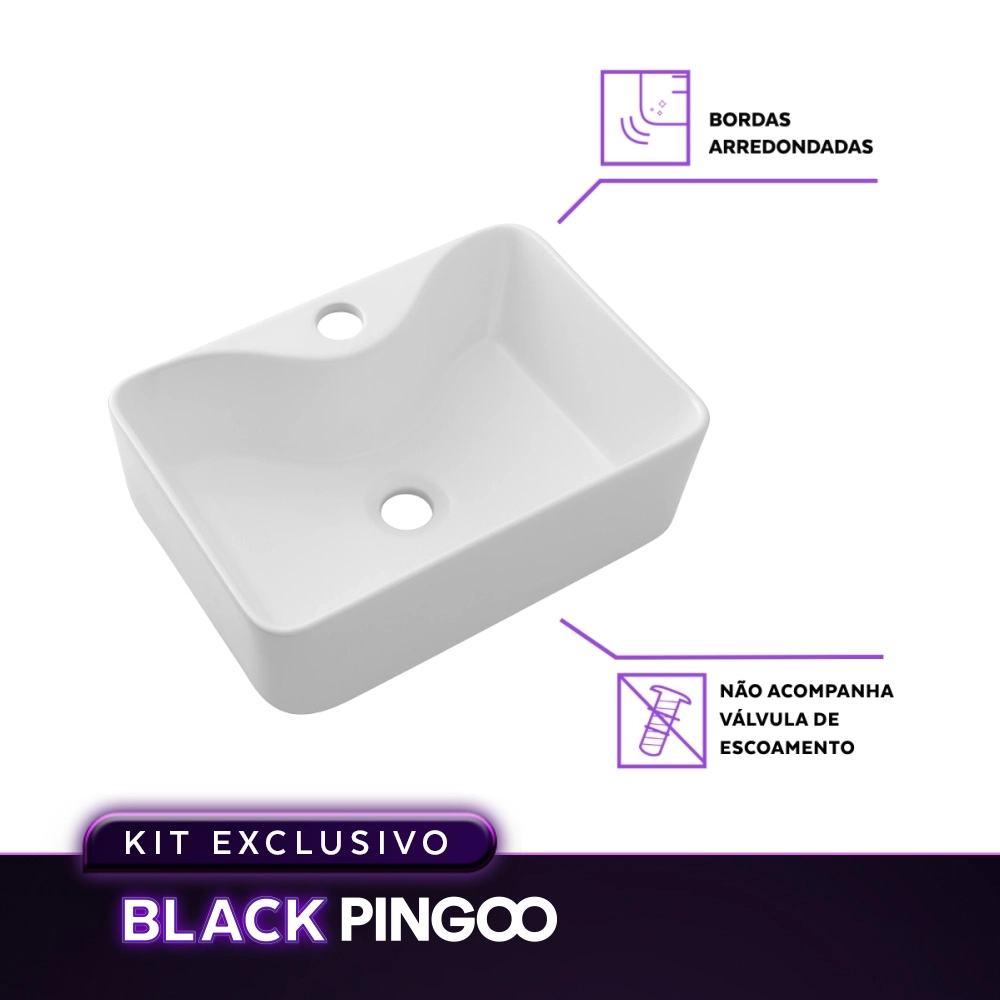 Kit Cuba de Apoio Slim Retangular Cornalina com Válvula de Escoamento e Torneira Monocomando Alta Pingoo.casa - Branco e Preto