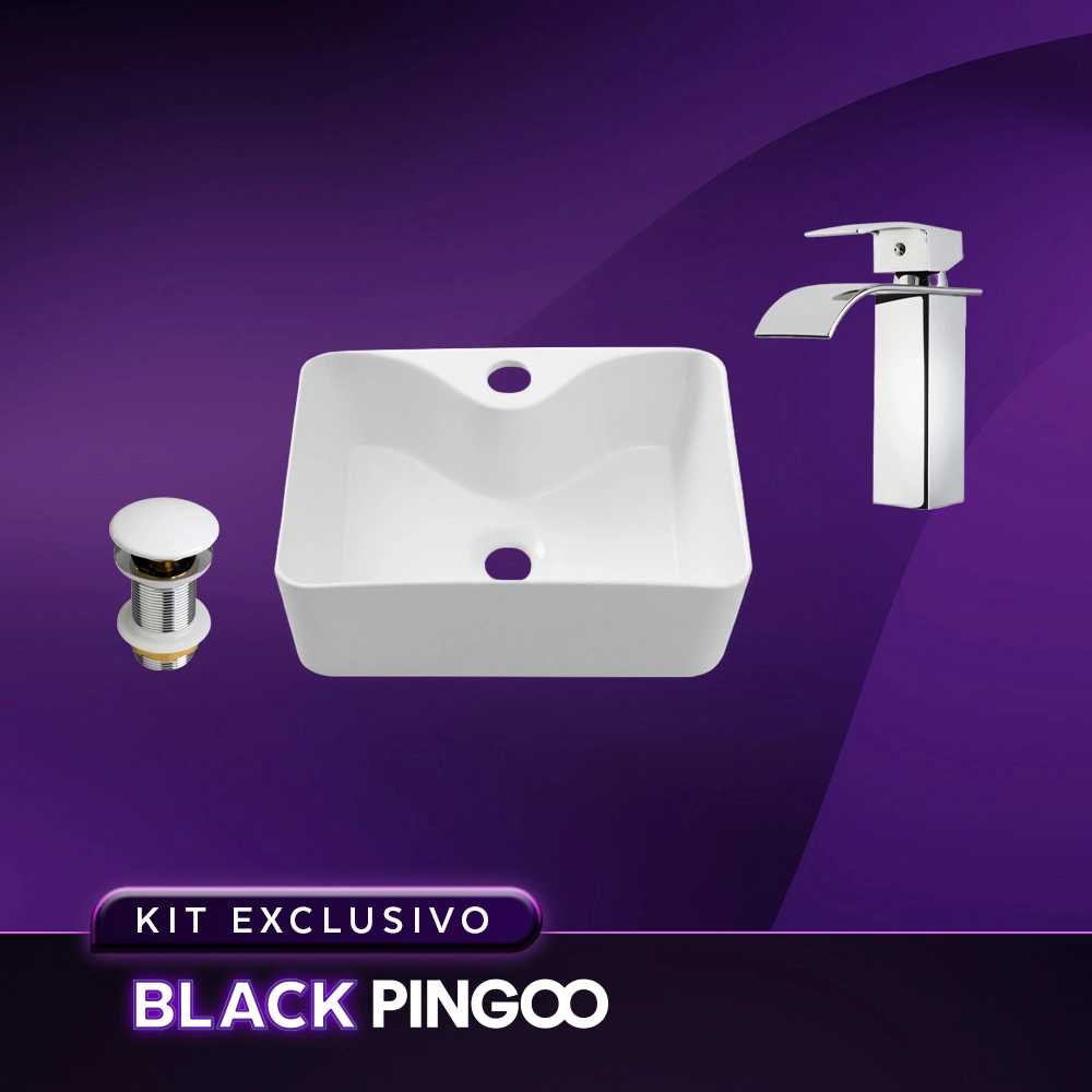 Kit Cuba de Apoio Slim Retangular com Válvula de Escoamento e Torneira Monocomando Baixa Paraná Pingoo.casa - Branco e Prata