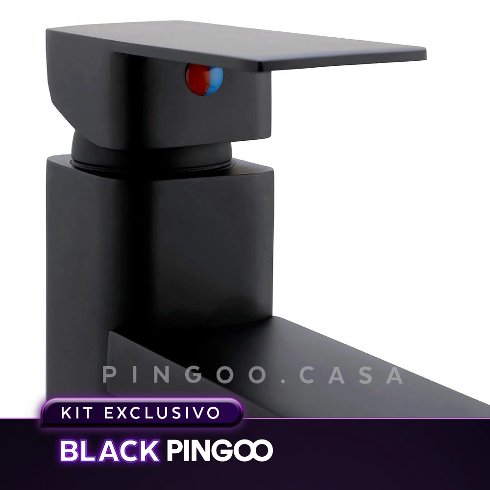 Kit Cuba de Apoio Slim Retangular com Válvula de Escoamento e Torneira Monocomando Baixa Pingoo.casa - Branco e Preto