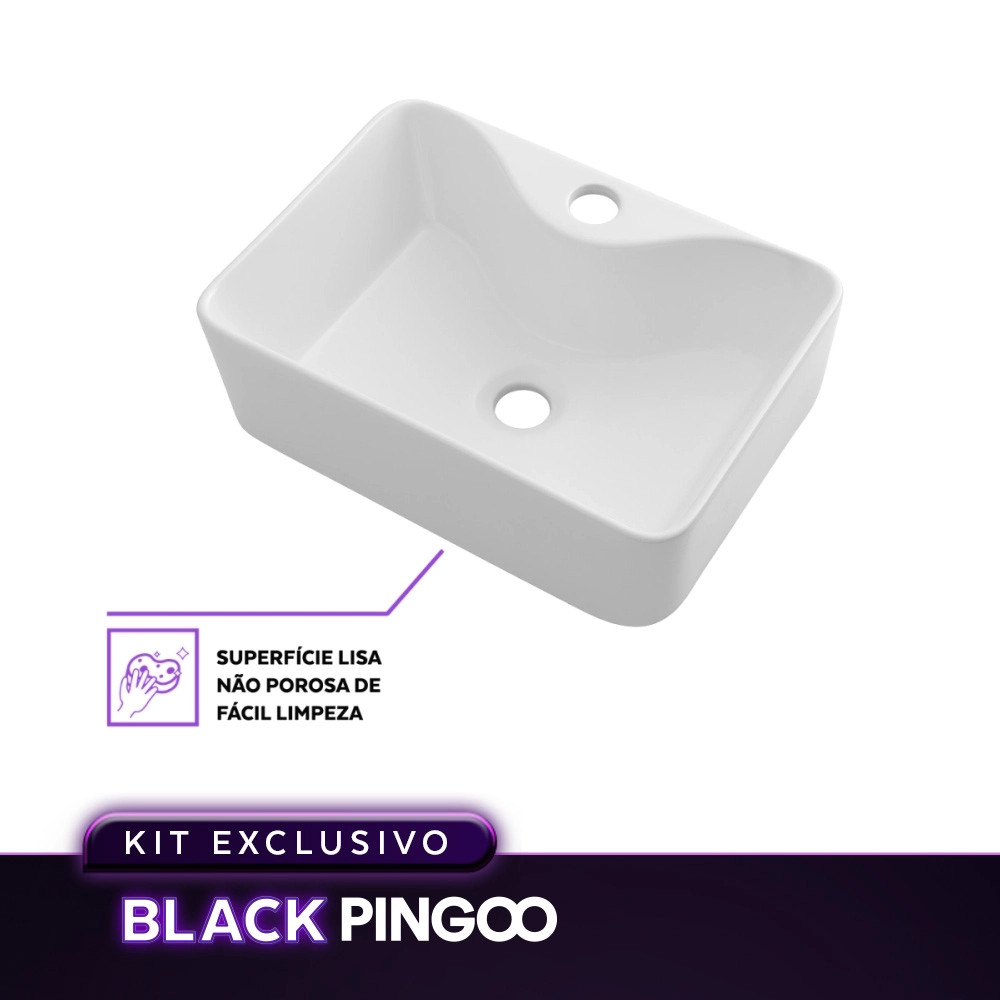 Kit Cuba de Apoio Slim Retangular com Válvula de Escoamento e Torneira Monocomando Baixa Pingoo.casa - Branco e Preto