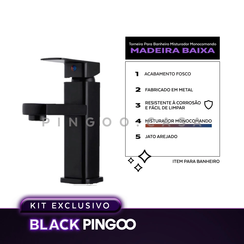 Kit Cuba de Apoio Slim Retangular com Válvula de Escoamento e Torneira Monocomando Baixa Pingoo.casa - Branco e Preto