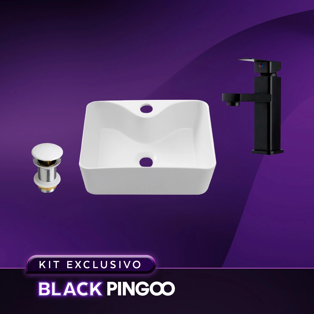 Kit Cuba de Apoio Slim Retangular com Válvula de Escoamento e Torneira Monocomando Baixa Pingoo.casa - Branco e Preto