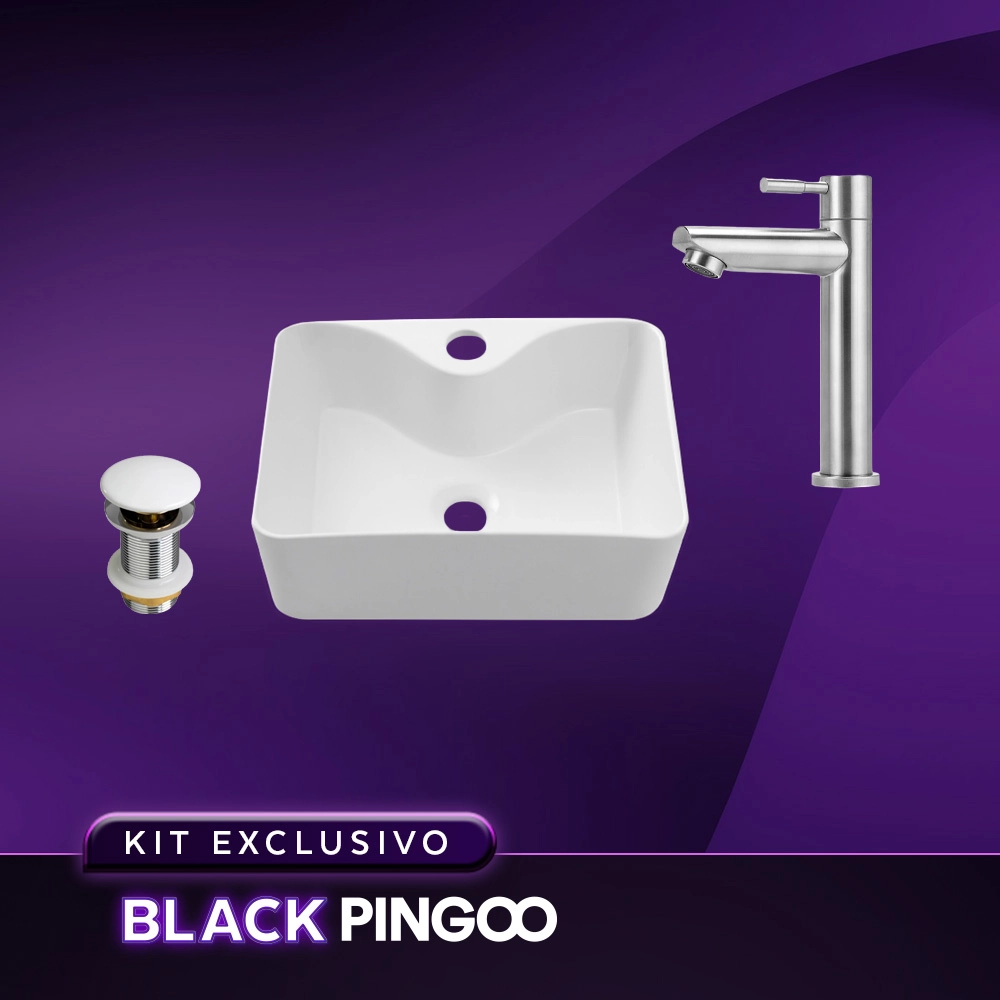 Kit Cuba de Apoio Slim Retangular com Válvula de Escoamento e Torneira para Banheiro Baixa Amazonas Pingoo.casa - Branco e Prata