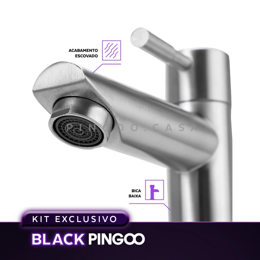 Kit Cuba de Apoio Slim Retangular com Válvula de Escoamento e Torneira para Banheiro Baixa Amazonas Pingoo.casa - Branco e Prata