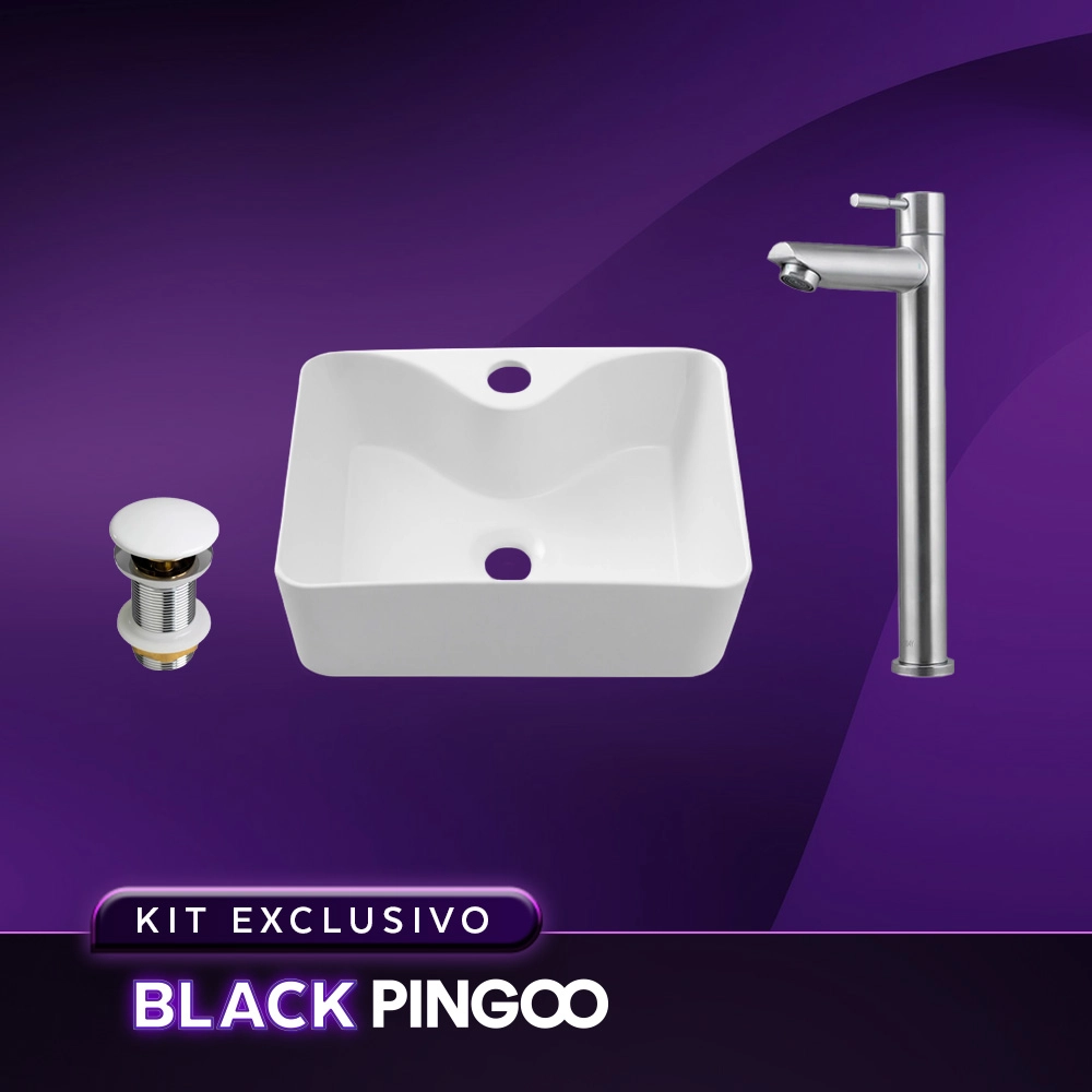 Kit Cuba de Apoio Slim Retangular com Válvula de Escoamento e Torneira para Banheiro Alta Amazonas Pingoo.casa - Branco e Prata