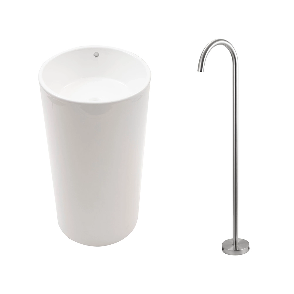 Kit Cuba de Piso para Banheiro Espinélio e Misturador de Piso Timonha - Branco e Prata Escovado