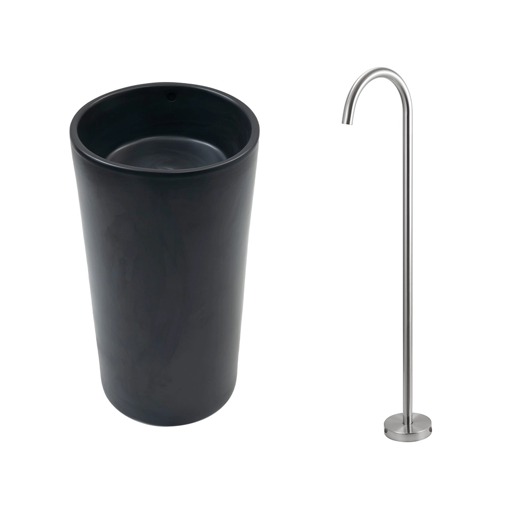 Kit Cuba de Piso para Banheiro Espinélio e Misturador de Piso Timonha - Preto e Prata Escovado