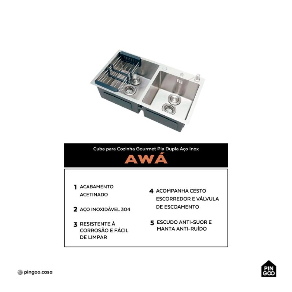 Kit Cuba Dupla Gourmet Awá com Torneira Misturador Monocomando Munim Pingoo.casa - Prata Kit Cuba Dupla Gourmet Awá com Torneira Misturador Monocomando Munim Pingoo.casa - Prata