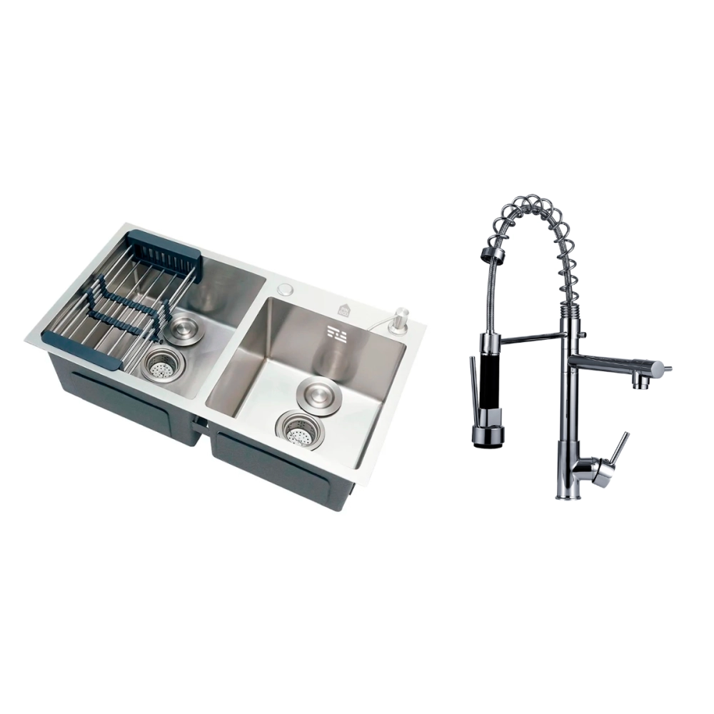 Kit Cuba Dupla Gourmet Awá com Torneira Misturador Monocomando Munim Pingoo.casa - Prata Kit Cuba Dupla Gourmet Awá com Torneira Misturador Monocomando Munim Pingoo.casa - Prata