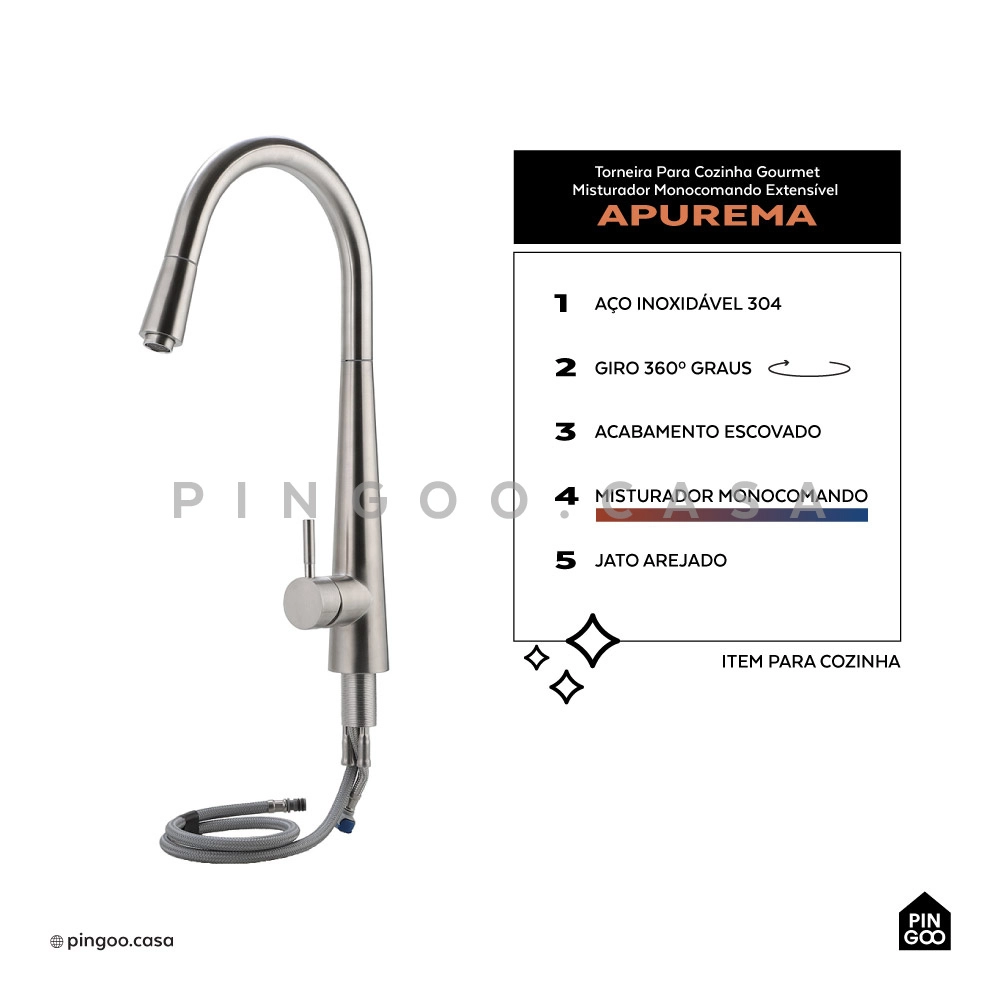 Kit Cuba Dupla Gourmet Awá e Torneira Misturador Monocomando Extensível Apurema Pingoo.casa - Prata