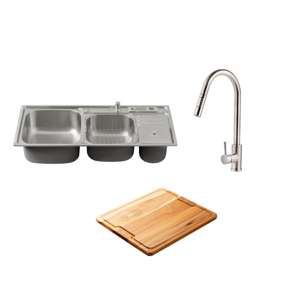 Kit Cuba Dupla Gourmet Nukini com Tábua de Corte e Torneira Misturador Monocomando Iriri Pingoo.casa - Prata Kit Cuba Dupla Gourmet Nukini com Tábua de Corte e Torneira Misturador Monocomando Iriri Pingoo.casa - Prata