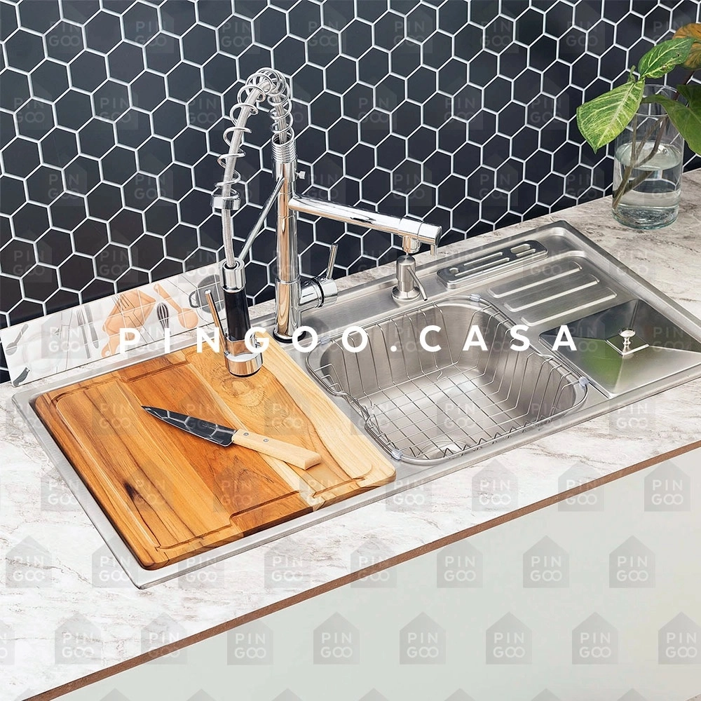 Kit Cuba Dupla Gourmet Nukini com Tábua de Corte e Torneira Misturador Monocomando Iriri Pingoo.casa - Prata Kit Cuba Dupla Gourmet Nukini com Tábua de Corte e Torneira Misturador Monocomando Iriri Pingoo.casa - Prata