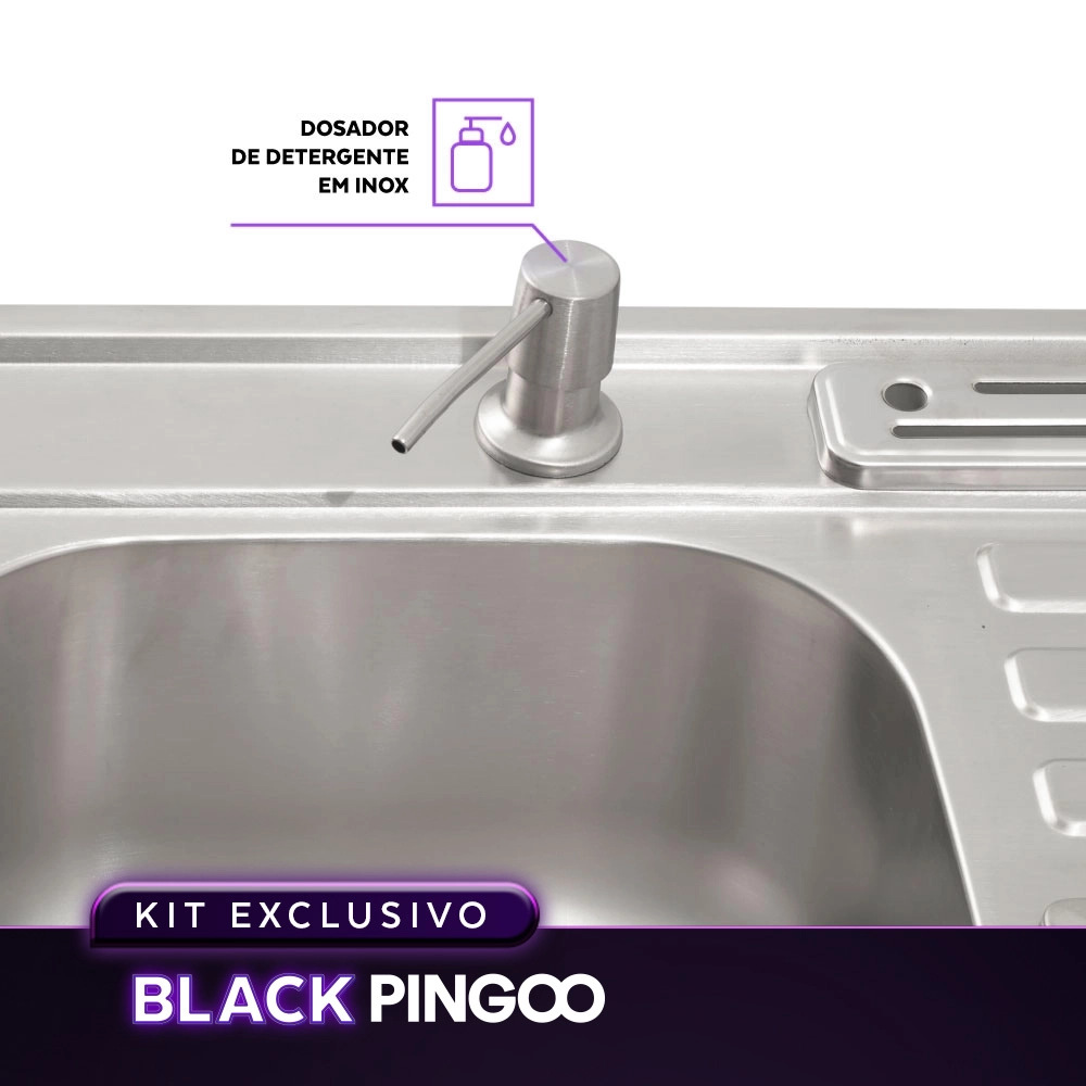 Kit Cuba Dupla Gourmet Nukini e Torneira Misturador Monocomando Extensível Apurema e Tábua de Corte Nukini Pingoo.casa - Prata