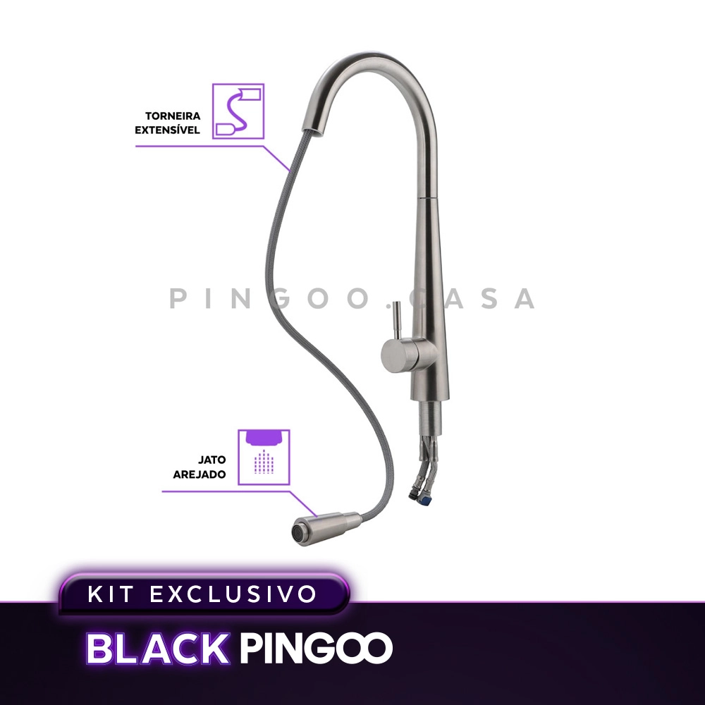 Kit Cuba Dupla Gourmet Nukini e Torneira Misturador Monocomando Extensível Apurema Pingoo.casa - Prata