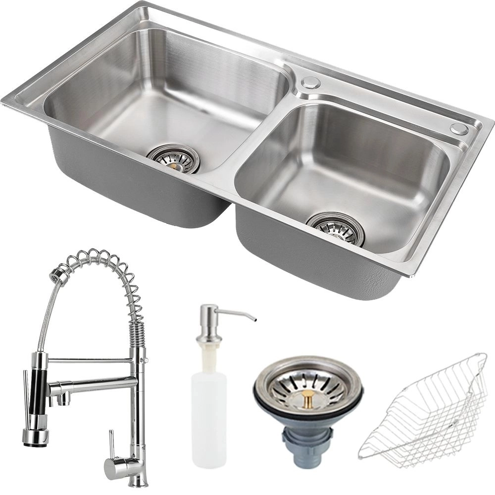 Kit Cuba Dupla Gourmet para Cozinha Aço Inox 201 68x39cm Ticunas e Torneira Misturador Monocomando Minum Prata