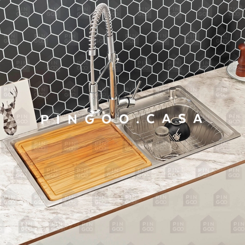 Kit Cuba Dupla Gourmet para Cozinha com Acessórios Aço Inox 201 78x43cm e Tábua de Corte Potiguara