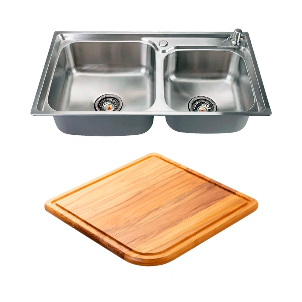 Kit Cuba Dupla Gourmet para Cozinha com Acessórios Aço Inox 201 78x43cm e Tábua de Corte Potiguara