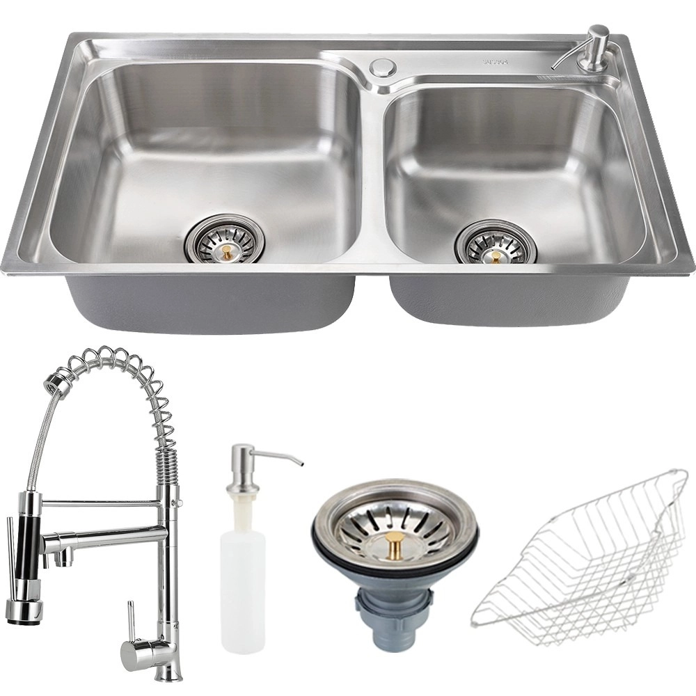 Kit Cuba Dupla Gourmet para Cozinha com Acessórios Aço Inox 201 78x43cm Potiguara e Torneira Misturador Monocomando Munim Prata