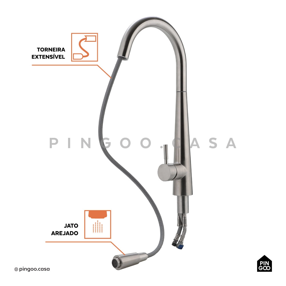 Kit Cuba Dupla Gourmet Tukano e Torneira Misturador Monocomando Extensível Apurema Pingoo.casa - Prata