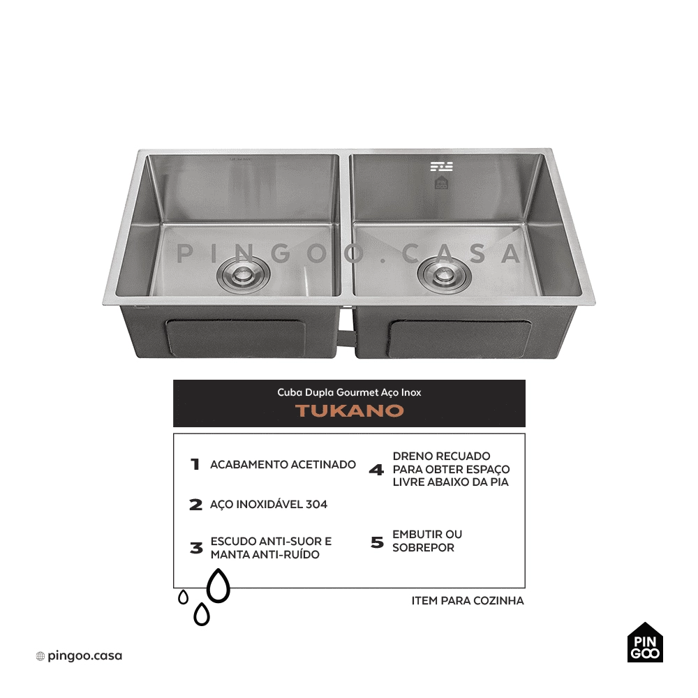 Kit Cuba Dupla Gourmet Tukano e Torneira Misturador Monocomando Extensível Apurema Pingoo.casa - Prata