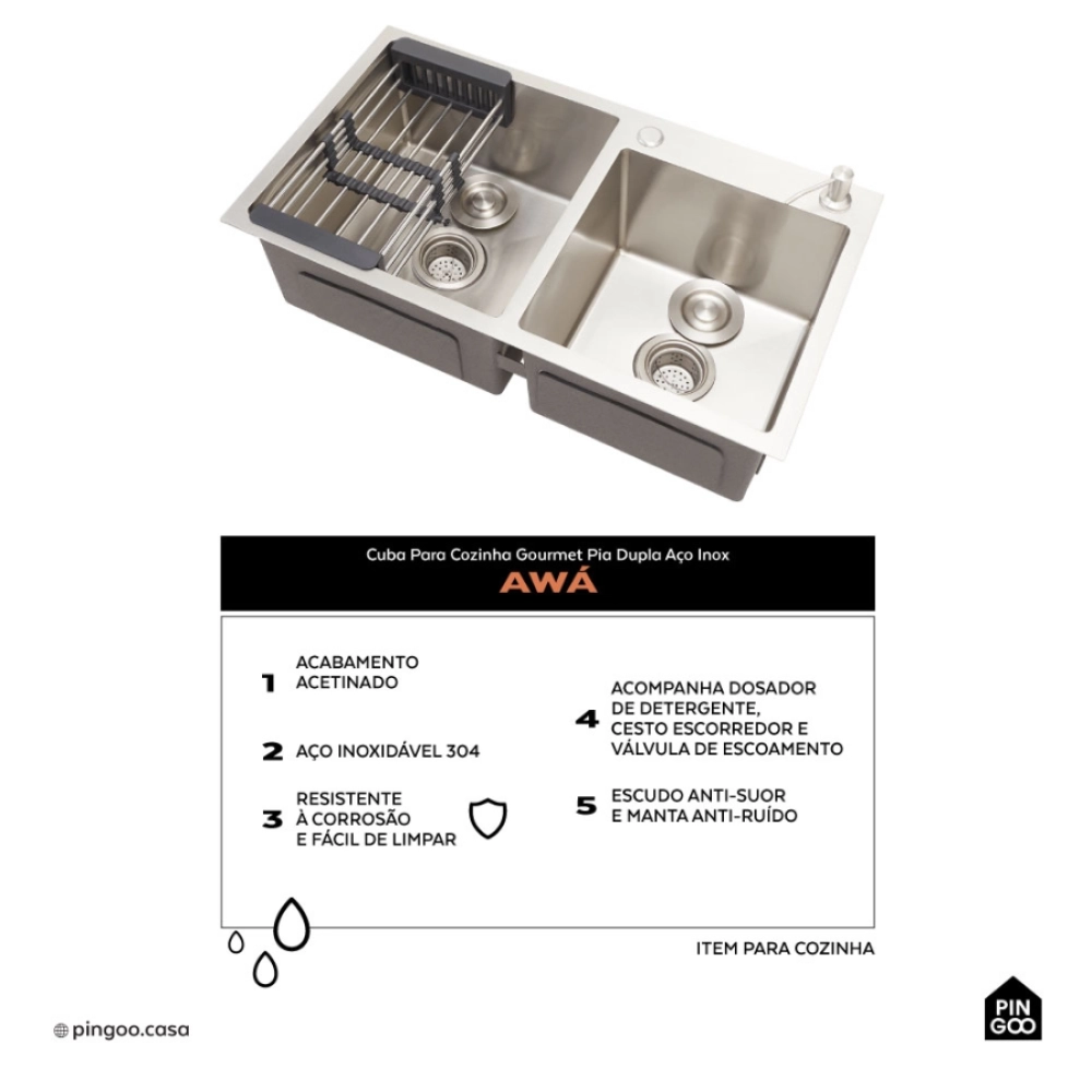 Kit Cuba Gourmet Awá 78x43cm e Calha Waiana Embutida 92x19cm Prata Aço Inox 304