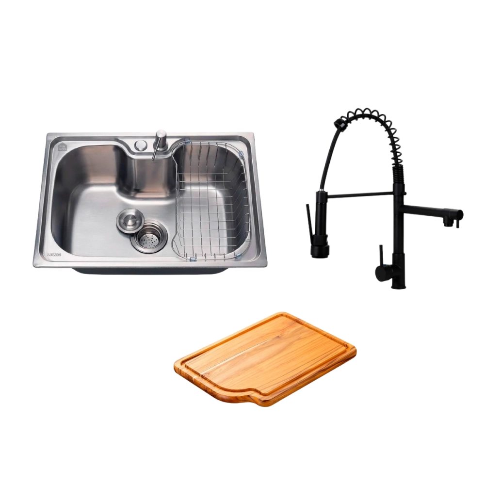 Kit Cuba Gourmet Borari com Tábua de Corte Carajás e Torneira Misturador Monocomando Munim Pingoo.casa - Prata e Preto Kit Cuba Gourmet Borari com Tábua de Corte Carajás e Torneira Misturador Monocomando Munim Pingoo.casa - Prata e Preto