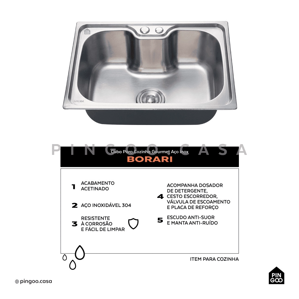 Kit Cuba Gourmet Borari com Tábua de Corte Carajás e Torneira Misturador Monocomando Muru Pingoo.casa - Prata