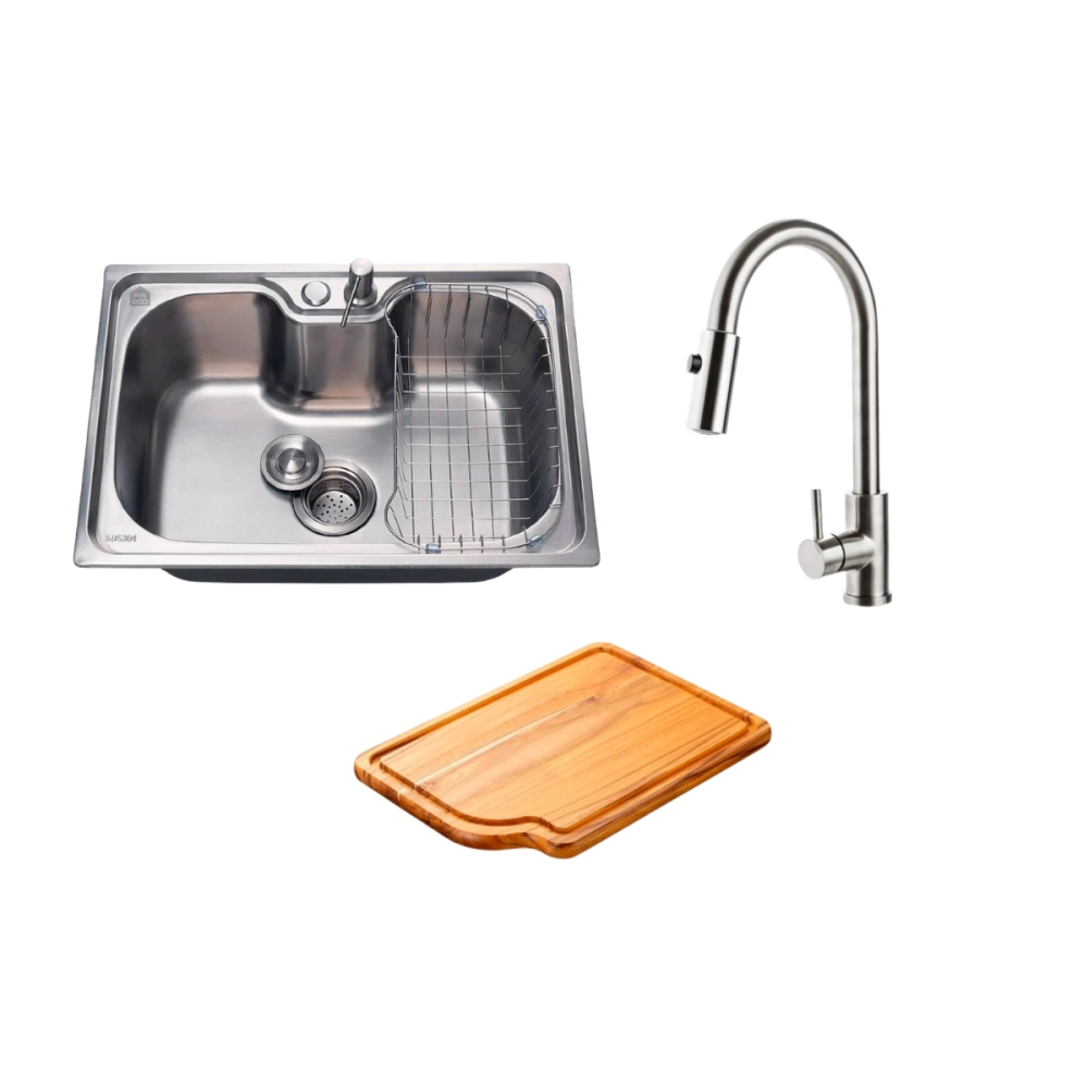 Kit Cuba Gourmet Borari com Tábua de Corte Carajás e Torneira Misturador Monocomando Muru Pingoo.casa - Prata