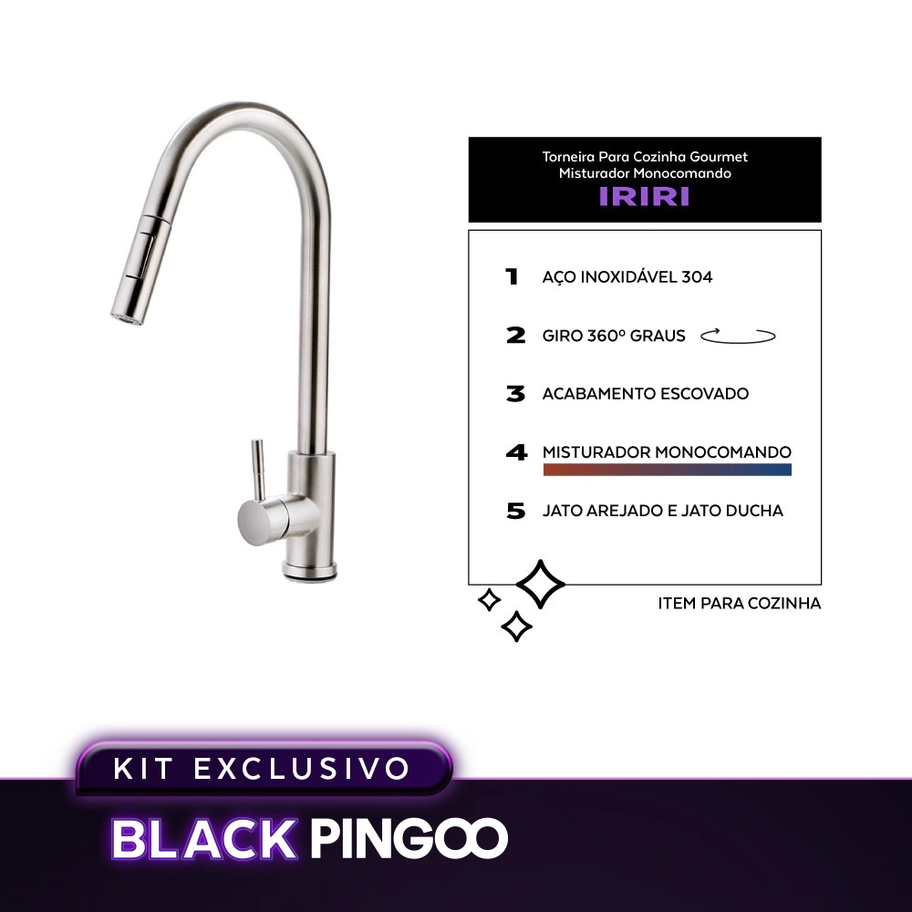Kit Cuba Gourmet Borari com Torneira Misturador Monocomando Iriri Pingoo.casa - Prata