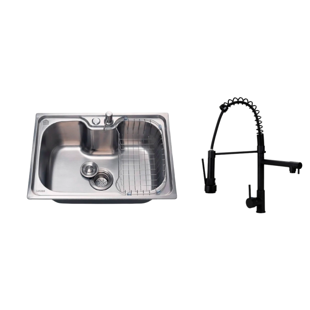 Kit Cuba Gourmet Borari e Torneira Misturador Monocomando Munim Pingoo.casa - Prata e Preto Kit Cuba Gourmet Borari e Torneira Misturador Monocomando Munim Pingoo.casa - Prata e Preto