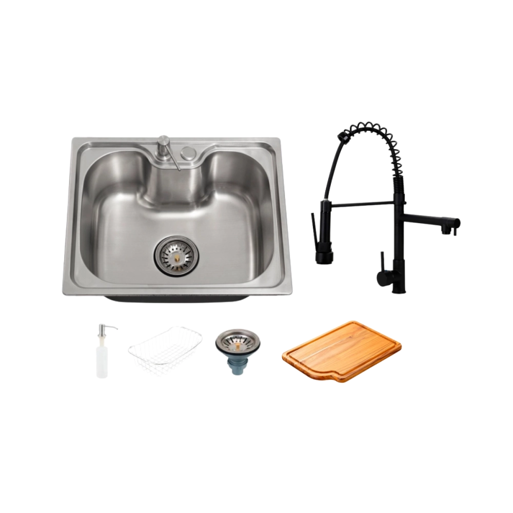 Kit Cuba Gourmet Nawa com Tábua de Corte e Torneira Misturador Monocomando Munim Pingoo.casa - Prata e Preto Kit Cuba Gourmet Nawa com Tábua de Corte e Torneira Misturador Monocomando Munim Pingoo.casa - Prata e Preto