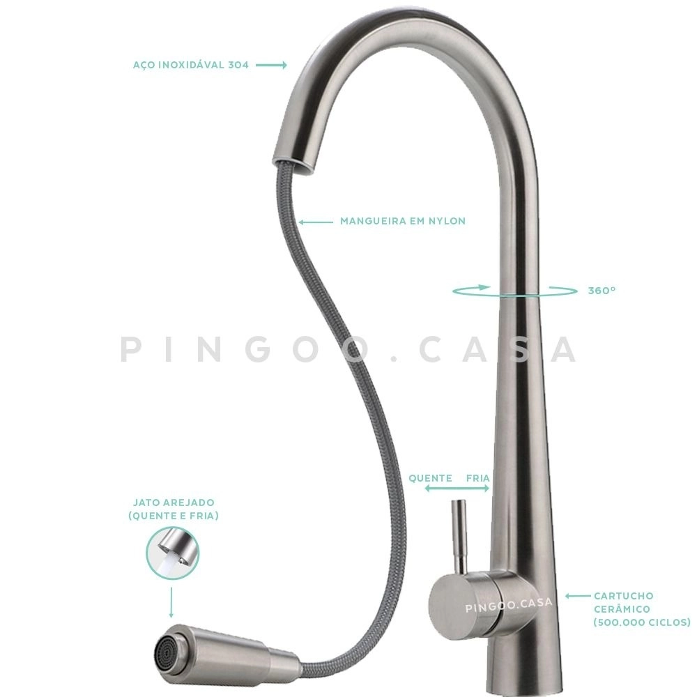 Kit Cuba Gourmet para Cozinha com Acessórios Aço Inox 201 60x42cm Carajás e Torneira Misturador Monocomando Solimões Prata e Preto
